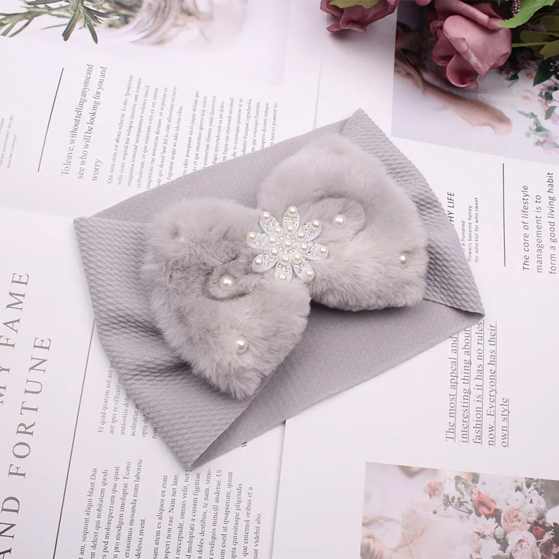 

Winter Warm Baby Girl Pearl Plush Faux Rabbit Fur Elastic Headband Hair Bow Colorful Hairbands for kids Bebe Hair Accessories