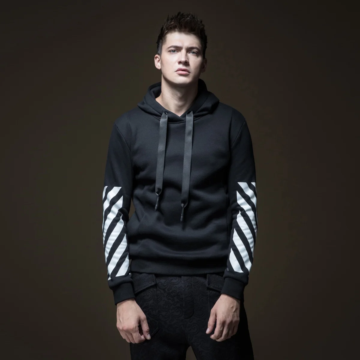 

Pinli 2020 Spring New Discount Clearance Slim Elastic Waist Color Block Printed Hooded Street Fashion Casual Men Sweater Coat
