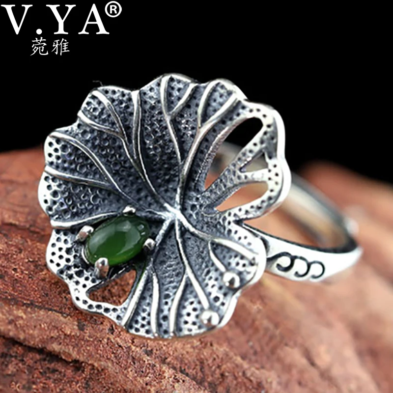

Женское кольцо с листьями лотоса V.YA, регулируемое кольцо из стерлингового серебра 925 пробы с яшмой, ювелирные украшения для свадебной вечер...