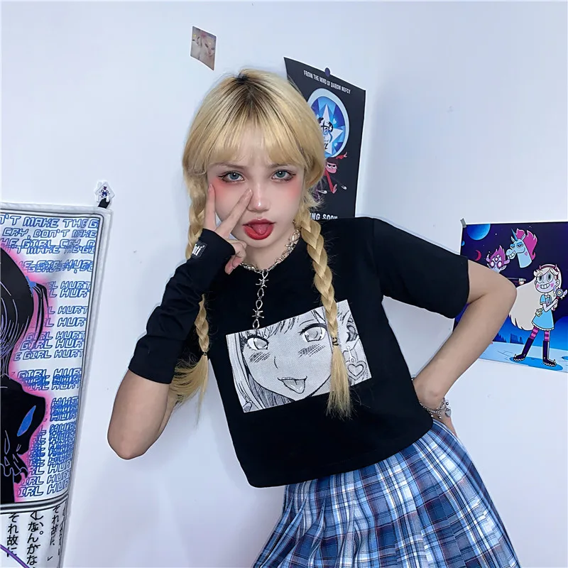 

Summer T-Shirts For Women Harajuku Style Funny Comic Girls Short Sleeve Loose T-Shirt Kawaii Round Neck Navel Tops