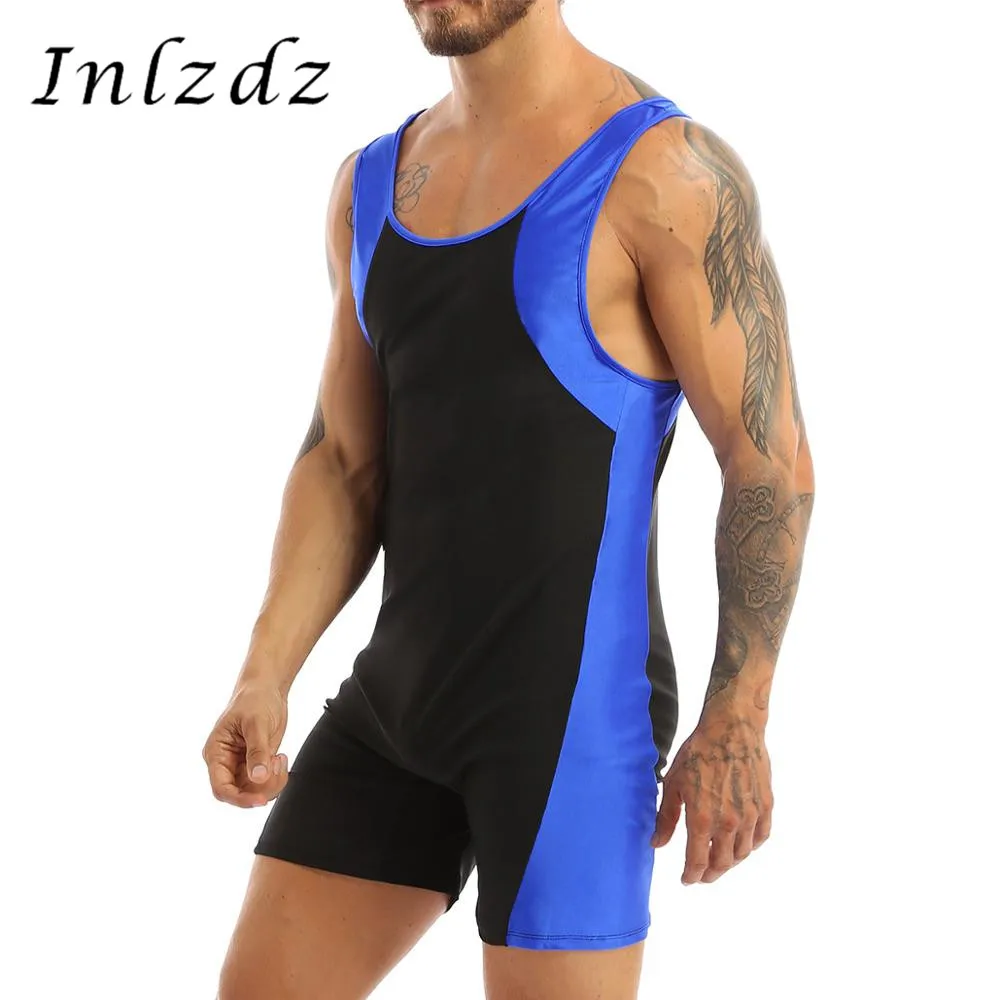 

Mens Lingerie Bodysuit Fashion Color Block Design U Neck Sleeveless Sports Bodybuilding Leotard Jumpsuit Shorty Unitard Fitness