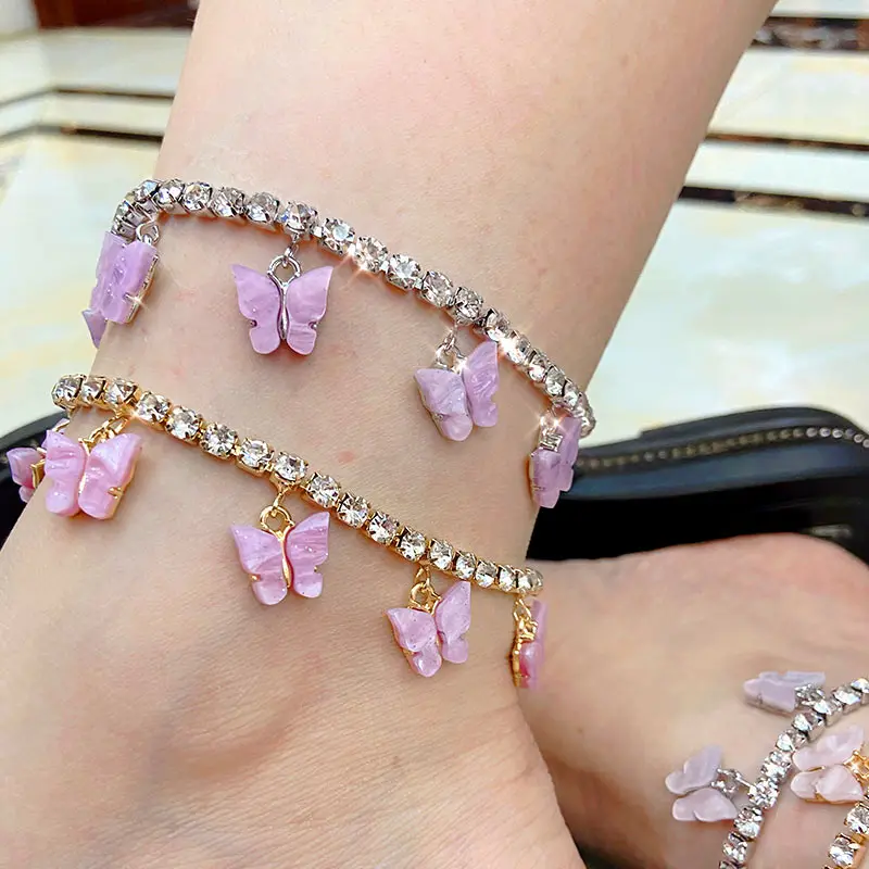 

Flatfoosie Gold Silver Color Shiny Crystal Anklet Jewelry for Women Simple Butterfly Pendant Anklet Summer Beach Foot Chain