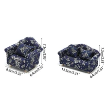1/12 Scale Dollhouse Accessories Blue Flower Pattern Mini Furniture Sofa with Back Cushions