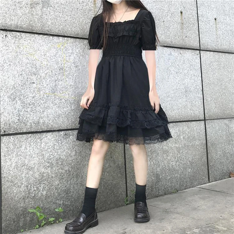

Plus Size High Waist Gothic Dress Puff Sleeve Lace Ruffles Party Dresses Japanese Lolita Style Women Princess Black Mini Dress