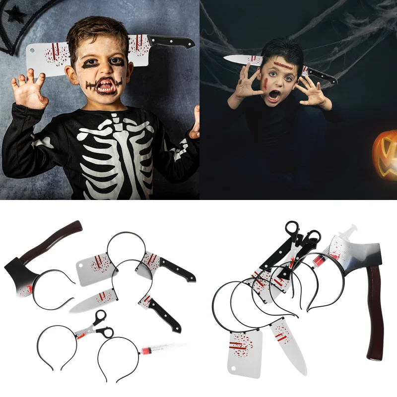 2020 Halloween Party Decor Props Horror Bloody Knife Ax Syringe Scissors  Funny Terrorist Toys Headband Halloween Party Supplies