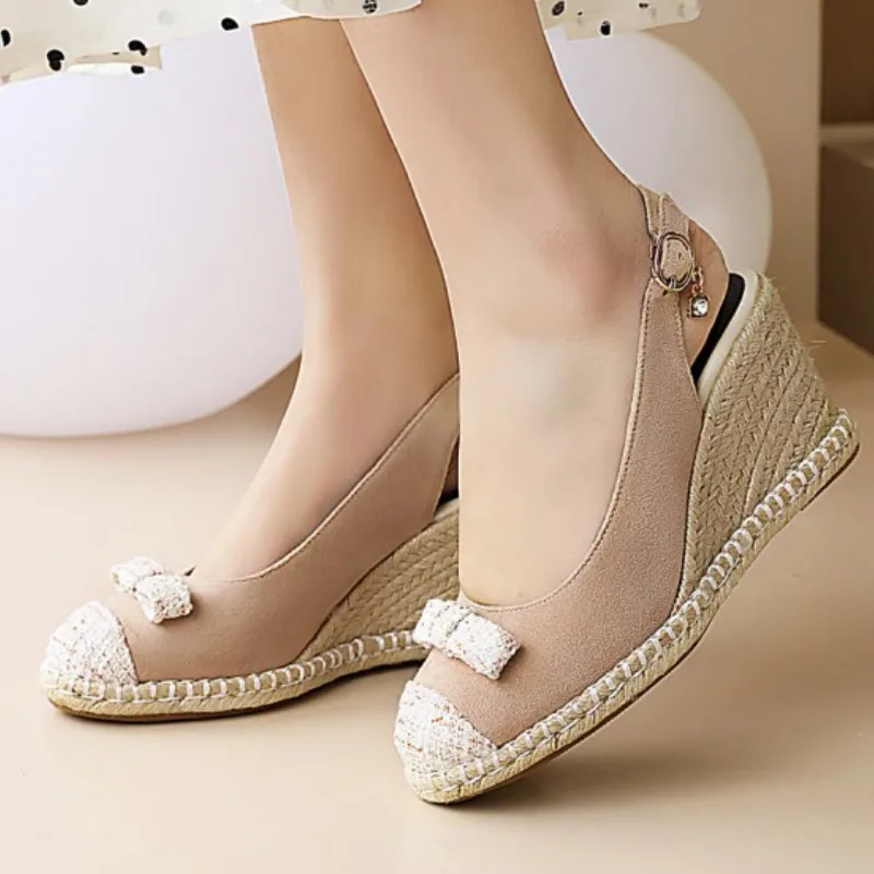 

Fanyuan 2021 Wedge High Heels Bowknot Round Toe Summer Women Shoes Flock Back Strap Buckle Female Sandals Big Size 30-44
