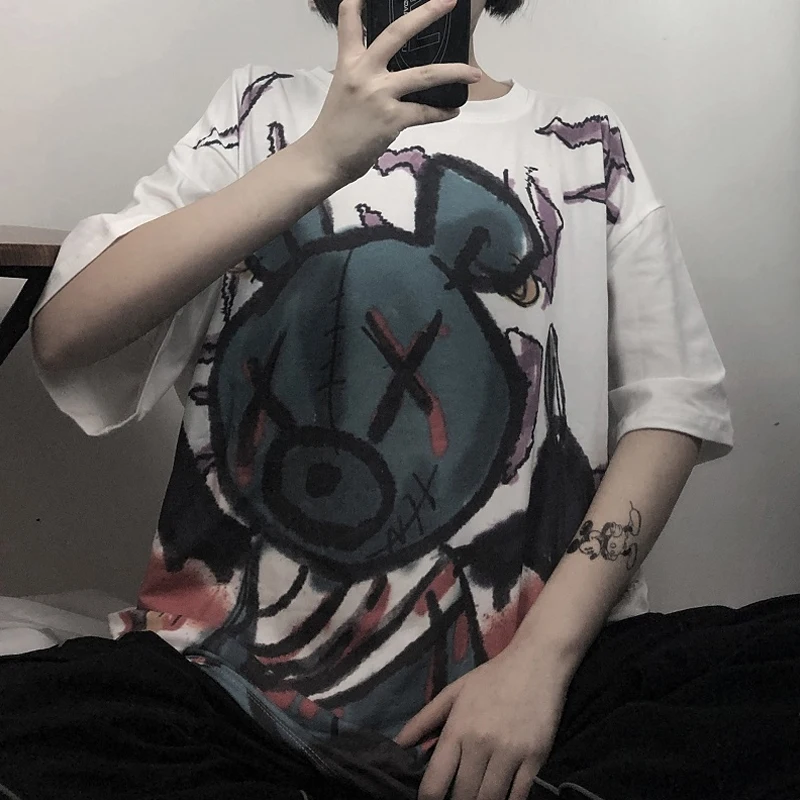 2020 летняя аниме футболка плачущая Кукла Медведь в стиле Харадзюку белая