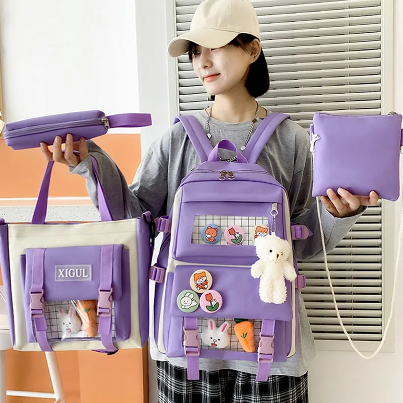 

4Pieces/set Kawaii Women's School Backpack Cute School Bags For Girls