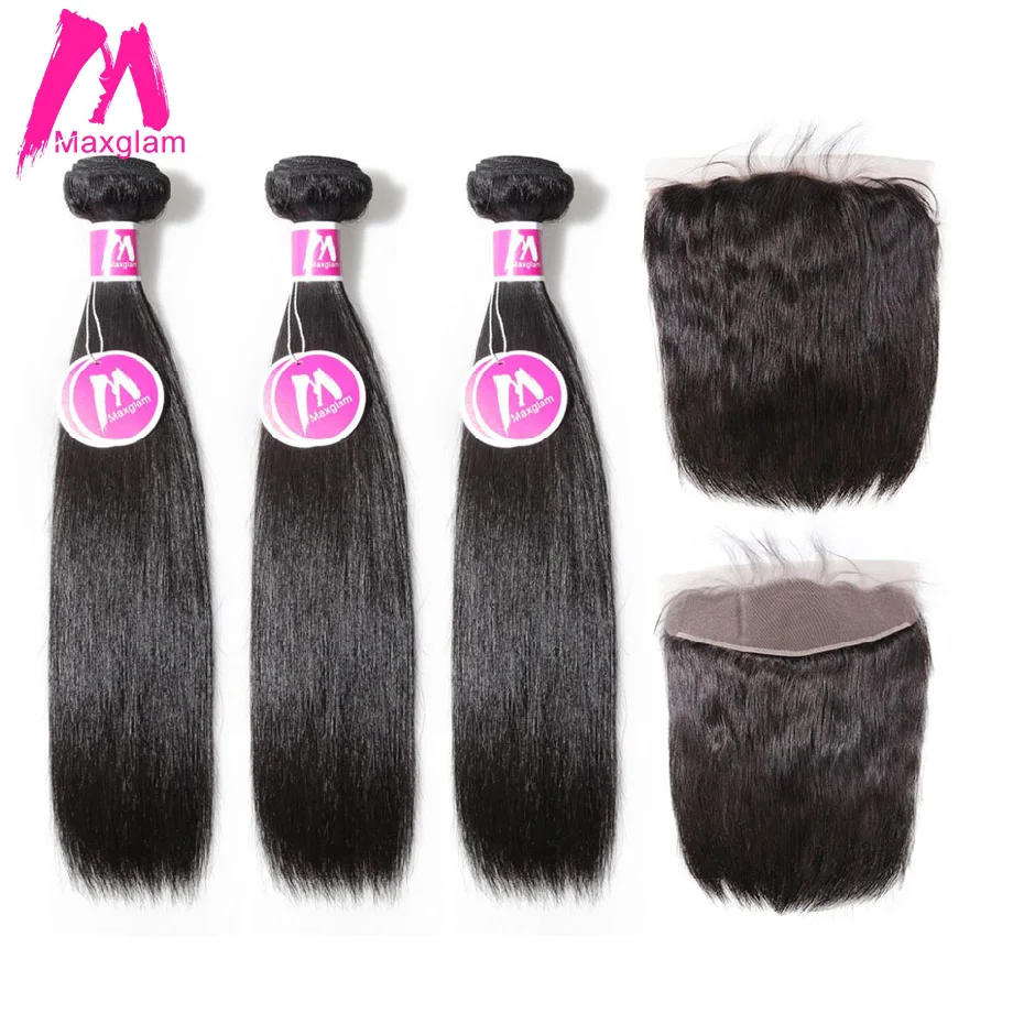 Maxglam сырье индийского прямые 3 человека пучки волос с фронтальной Remy кружева