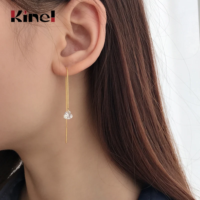 

Kinel 2020 New Long Chain Earrings for Women 925 Sterling Silver Clear CZ Love Heart Fine Jewelry Tassel Earring Bijoux