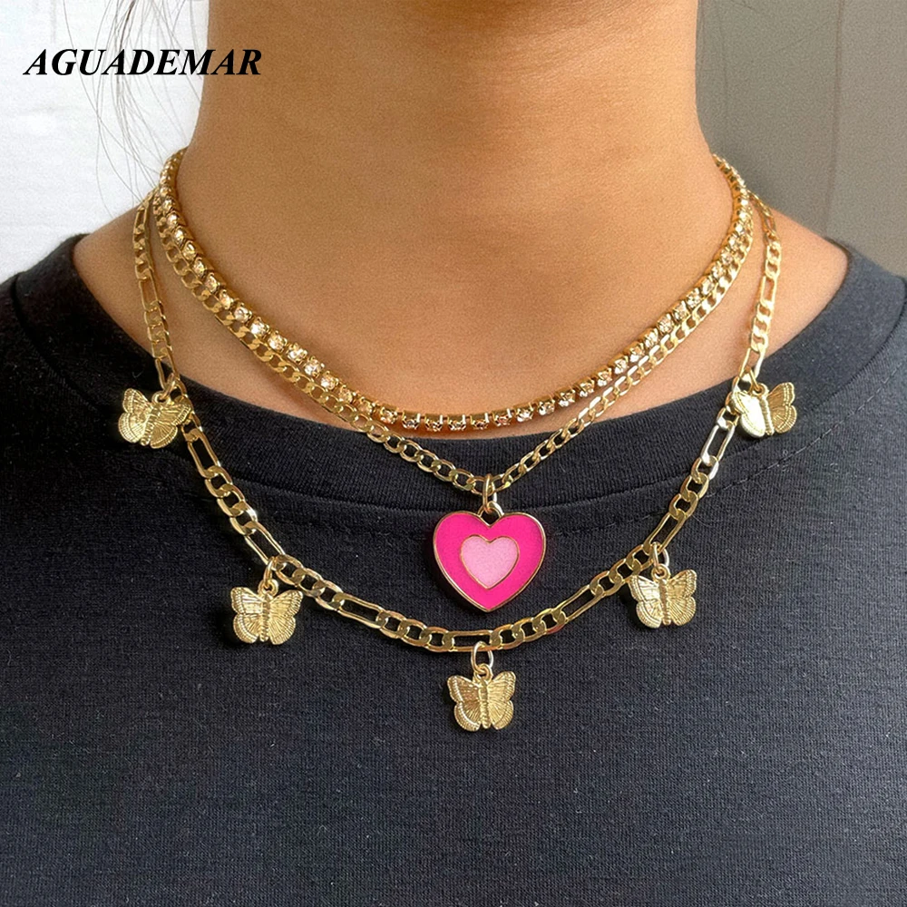 

New Trendy Cute Butterfly Heart Golden Chain Choker Necklace For Women Multilayer Letter Clavicle Necklaces Fashion Jewelry Gift
