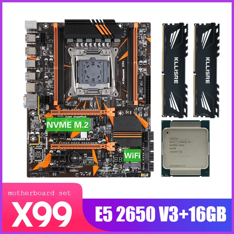 Комплект материнской платы Kllisre X99 D4 с Xeon E5 2650 V3 LGA2011-3 CPU 2 шт. X 8 ГБ = 16 Гб 2666 МГц DDR4