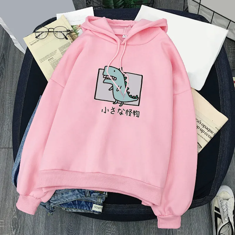 Dinosaur-Pink Зимняя бархатная Толстовка с принтом динозавра, Женская толстовка с капюшоном и длинным рукавом с героями мультфильмов, осень, Harajuku, Повседневная Женская толстовка - Цвет: Dinosaur-Pink