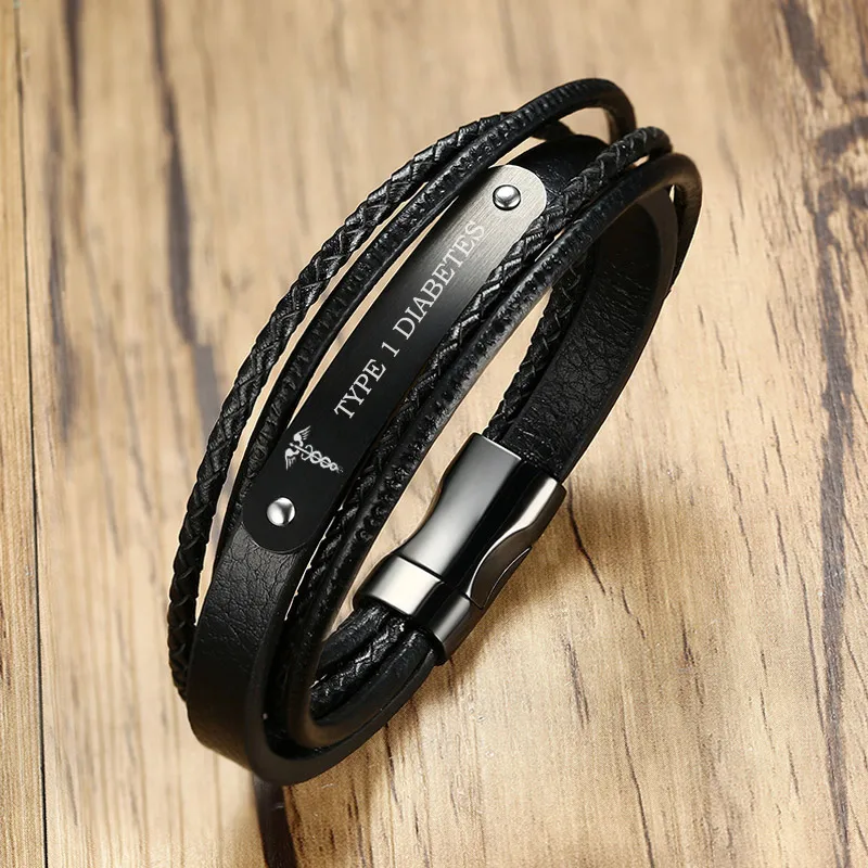 

Black Genuine Leather Wristband Bracelet Men Jewelry Personalized Custom Engraving Medical DIABETES 8.3" Multilayer Braided