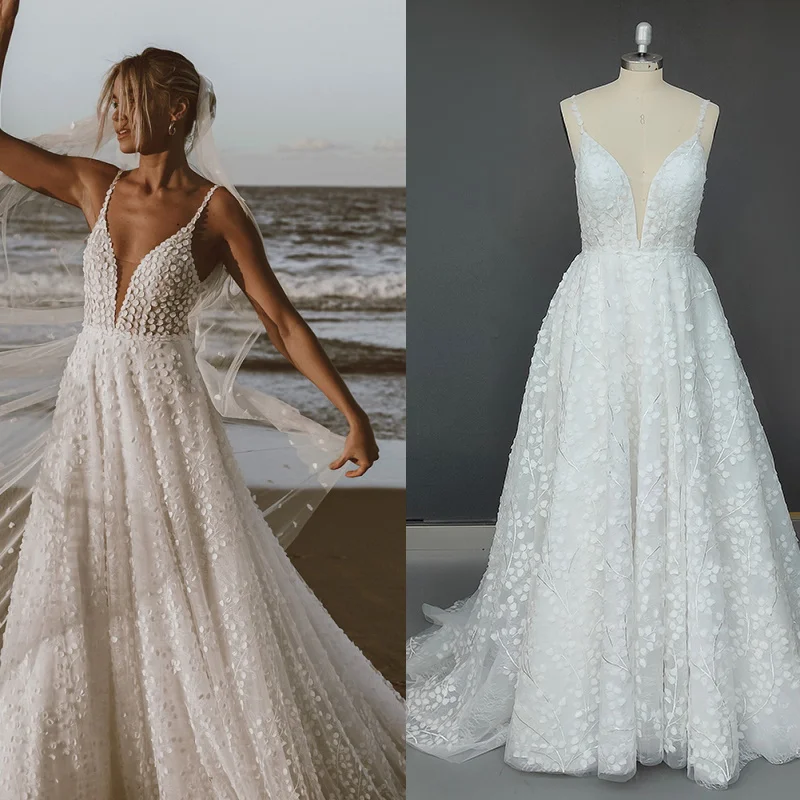 10961#Real Photos Spaghetti Strap Lace Bohemian Deep V-Neck Open Back Illusion Wedding Dress Bridal Gown свадебный наряд - купить