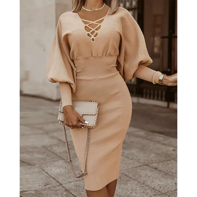 

British Knitted Dress Mid-Long Solid Khaki High Waist 2021 Spring Full Sleeve V-Neck Hollow Out Office Ladies Bodycon SJ7539C