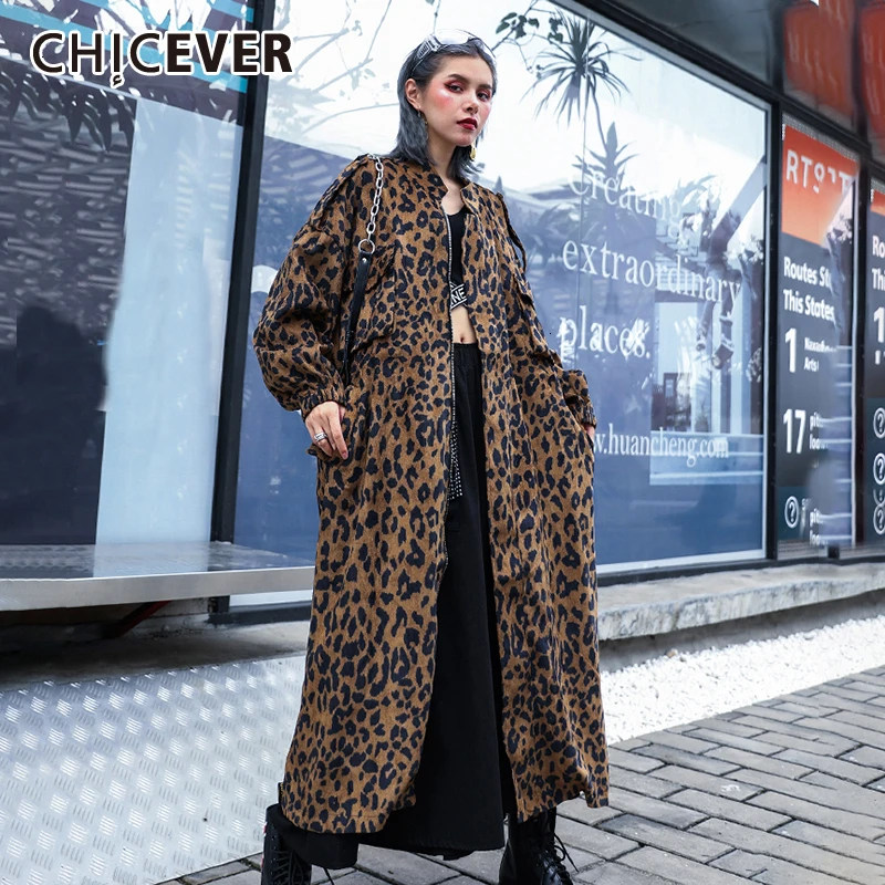 Женская винтажная леопардовая ветровка CHICEVER длинное пальто оверсайз с отложным