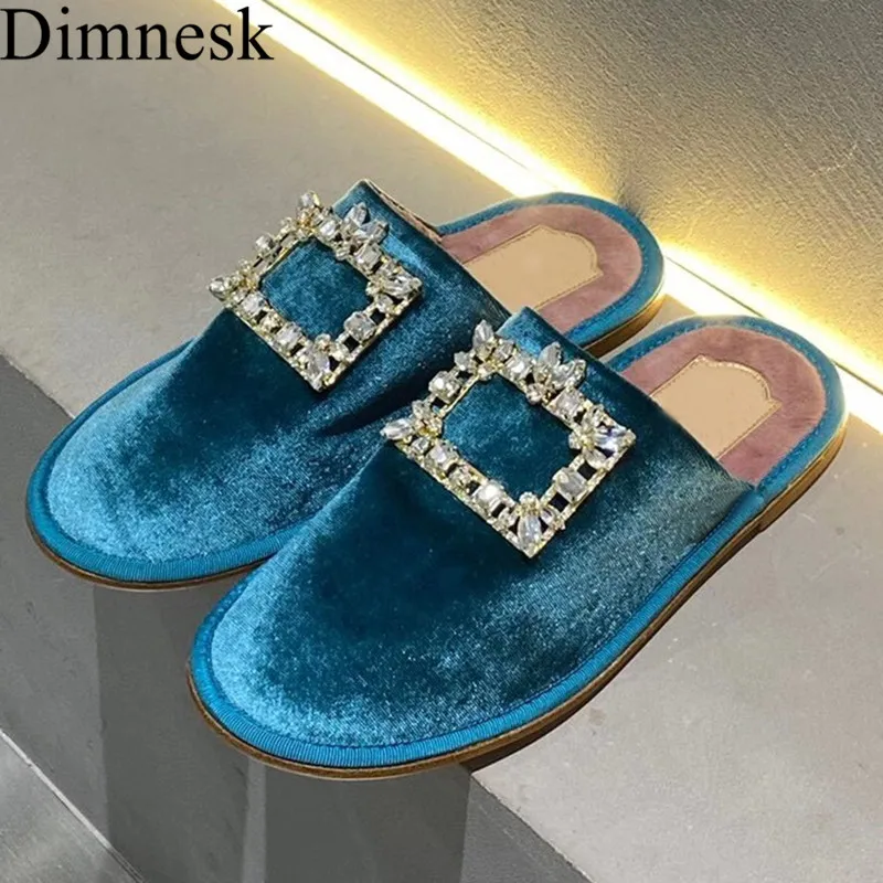 

Luxurious Rhinestone Square Buckle Flat Closed Toe Slippers Women Golden Velvet Plush Mules Autumn Indoor Comfort Leisure Shoes