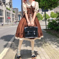 anbenser japanese sweet soft girl kawaii sailor collar retro color matching short sleeve cute ruffles lantern sleeve dresses