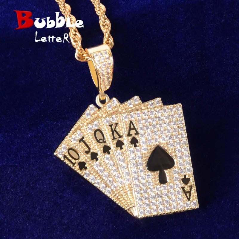 

Poker card shape pendant Necklace With Tennis Chain Charm Bling Cubic Zircon Men's Hip hop Rock Jewelry