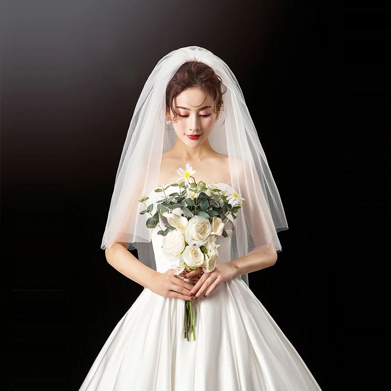 Tudung perkahwinan pengantin pendek yang elegan dua lapisan 75cm dan - Aksesori perkahwinan - Foto 4