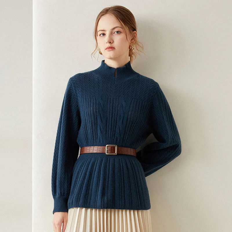 

Autumn and winter pure cashmere sweater fashion bubble sleeve closed waist split neck women's slim fit solid color long sleeve