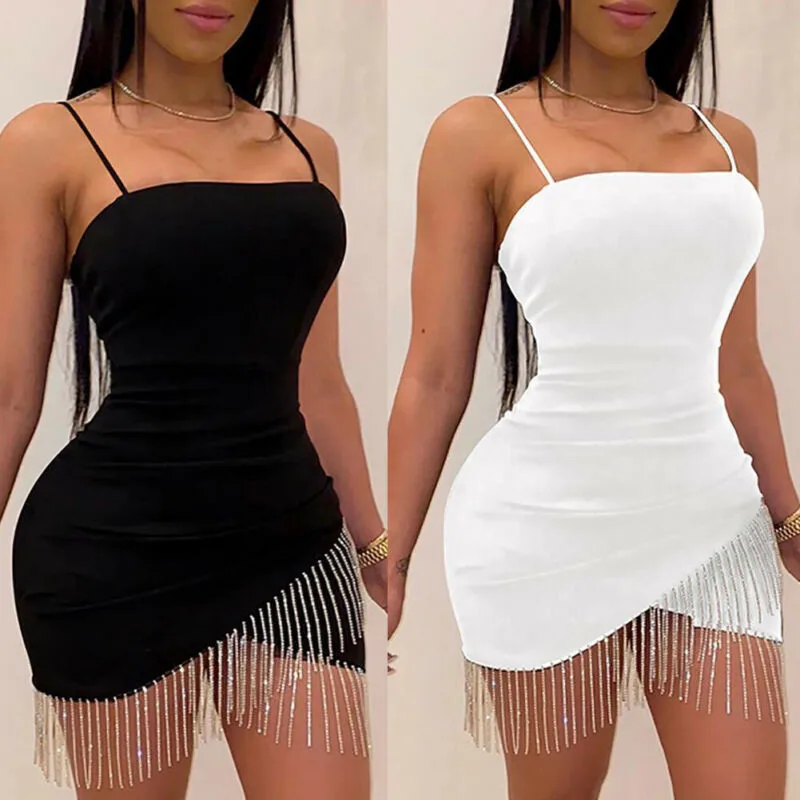 

Musuos Women Sexy Party Bodycon Dress Summer Fashion Tassel Glitter Split Club Vestidos Backless Sling Strap Pencil Mini Dresses