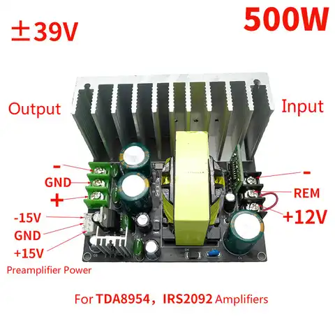 Источник питания усилителя для TDA8954, 12 В постоянного тока до ± 39 в, вспомогательное напряжение ± 15 в, рабочая плата предусилителя 500 Вт