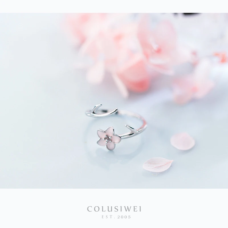 

COLUSIWEI New Pink Enamel Plum Blossom Tree Branch Open Adjustable Sterling Silver 925 Ring for Women Original Fine Jewelry Gift