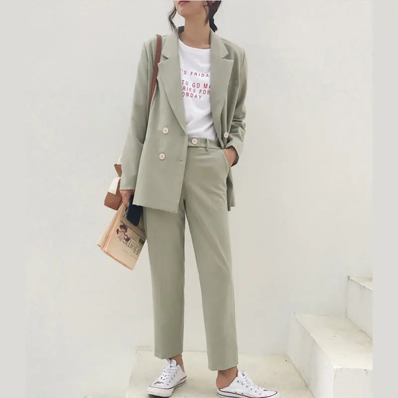

Vintage Autumn Winter Thicken Women Pant Suit Light Green Notched Blazer Jacket & Pant 2020 Office Wear Women Suits Female Sets