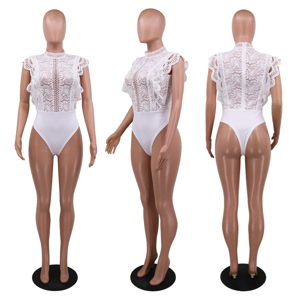 

FNOCE 2021 new spring women's jumpsuits fashion trends casual sexy hollow lace patchwork o-neck sleeveless slim sexy bodysuits