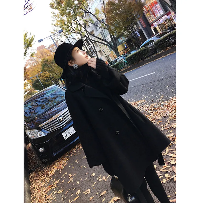 

2020 Autumn Korean Version Fashion Turn-down Collar Woolen Winter Coat Women Loose Double Breasted Batwing Sleeve Ladies Jacket