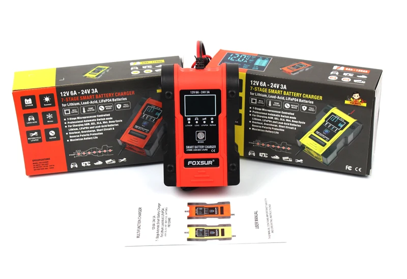 foxsur 12 6v li ion lithium lipolymer battery charger 12v 24v motorcycle car truck battery charger 7 stage lifepo4 charger free global shipping