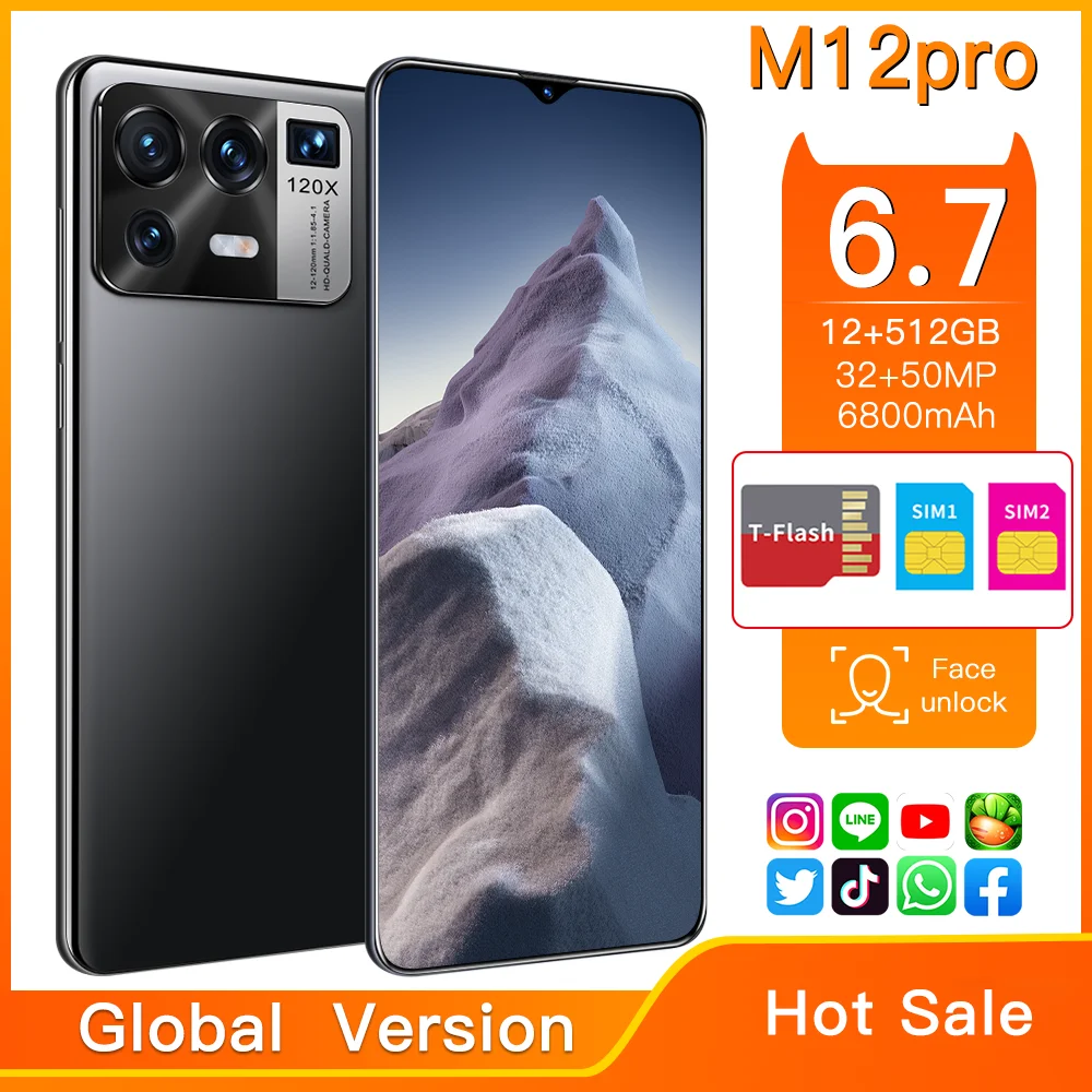 

2021 Global Version 12GB+512GB M12 Pro 5G Network Andriod Phone Dual SIM 6.7 Inch 1440*3200 6800mah Smart Phones MTK6889 Celular