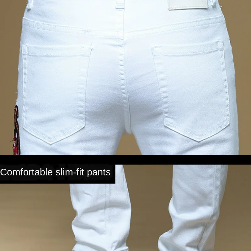 

2020 Spring New Printing Men's Jeans White Personality Embroidery Flower Casual Jeans Men's Stretch Slim Feet Pants Tide