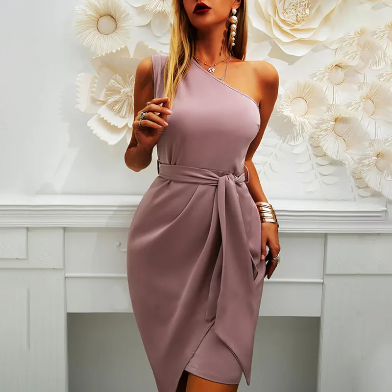 

Fashion Asymmetrical Dresses for Women 2021 Summer Elegant Temperament Inclined Shoulder Solid Sleeveless Belt Party Midi Dress