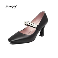 brangdy autumn women high heels pumps mary janes square toe shallow sweet ladies shoes with pearl buckled sapato feminino