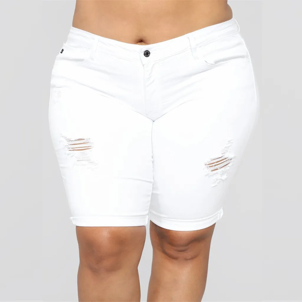 Women Elastic Destroyed Hole Leggings Short Pants Denim Shorts Ripped Jeans Plus Loose Medium Cut Pant W317 | Женская одежда