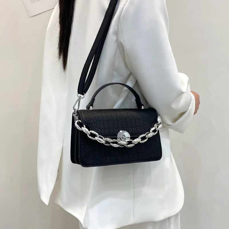 

Alligator Shoulder Bags for Women Small Square Crossbody Bags Ladies Fashion Chain Top-handle Bags Solid Color Leather Handbags