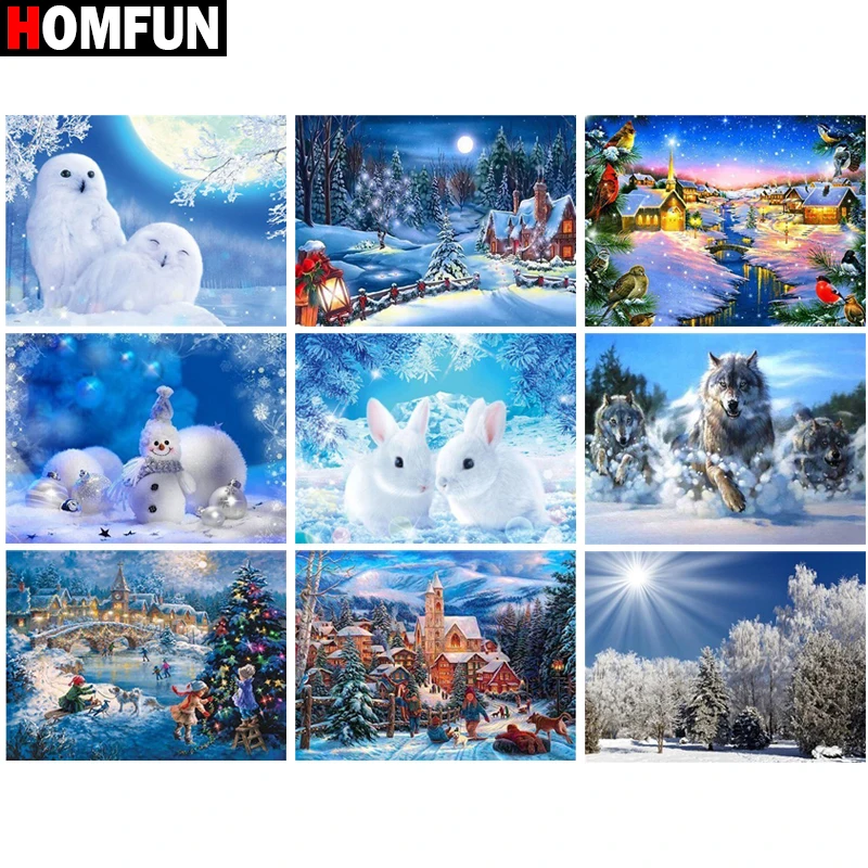 Алмазная 5D Вышивка HOMFUN Снежный дом с животными полноразмерная