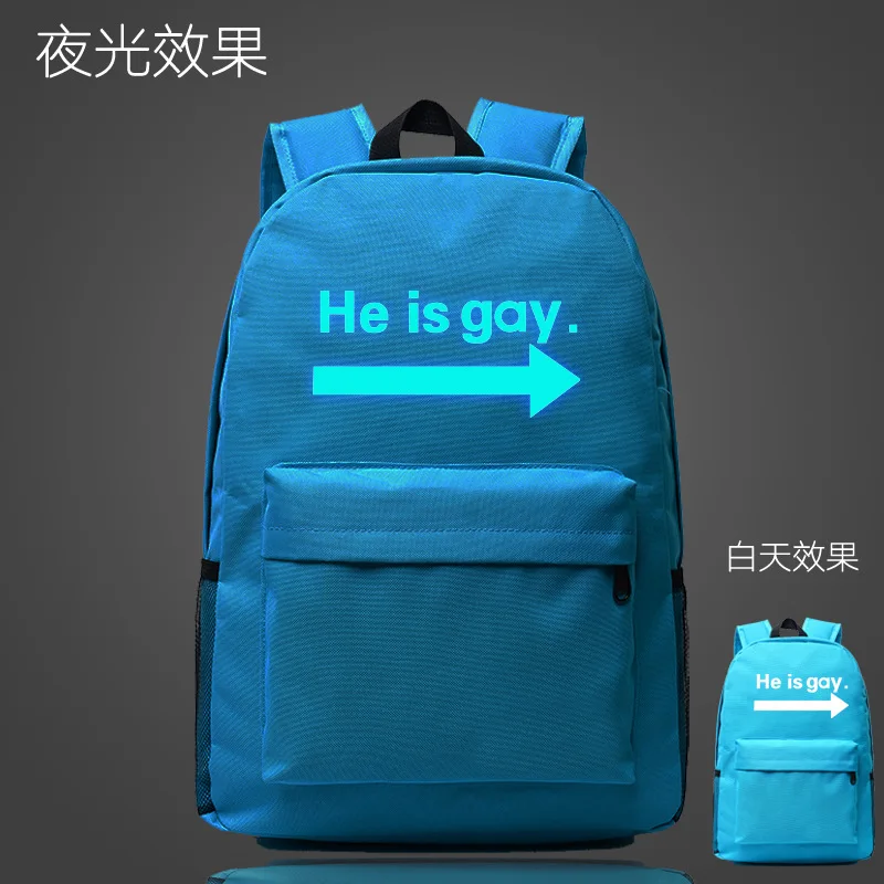 Модный практичный рюкзак с надписью HE IS GAY для задней школы светящаяся школьная