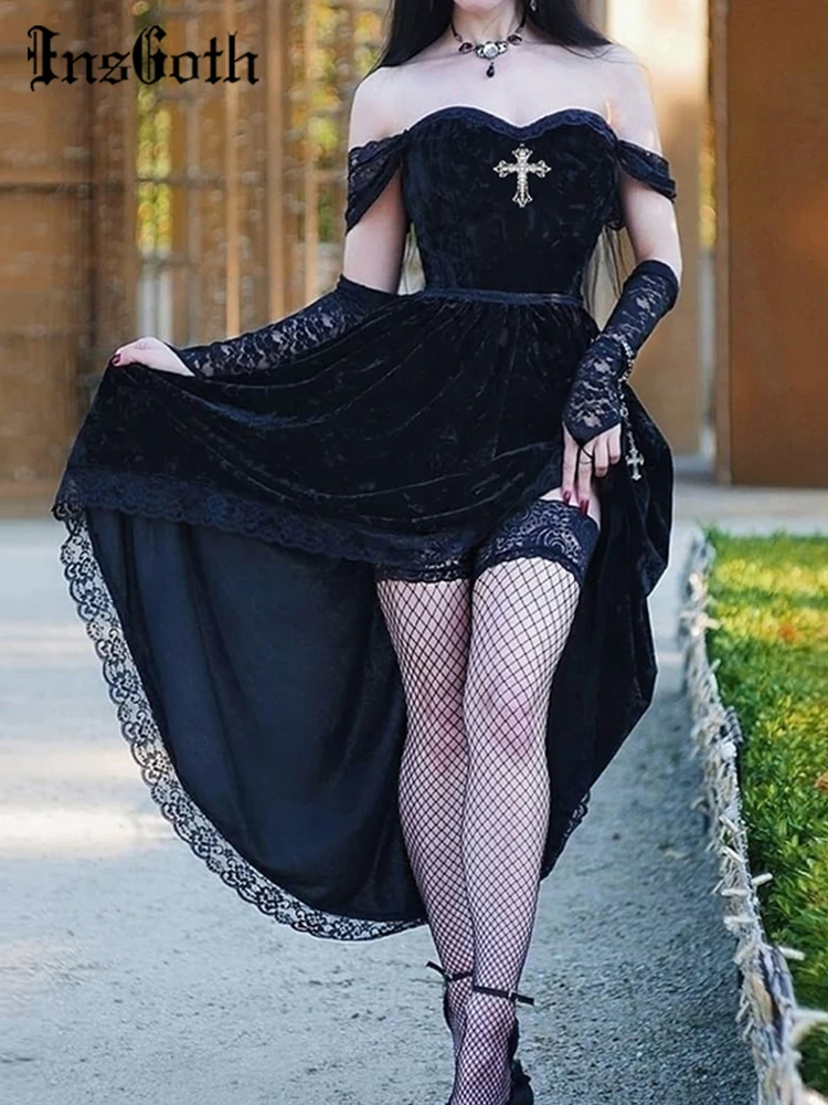 Винтажное бархатное платье-миди с открытыми плечами и кружевом | Женская одежда