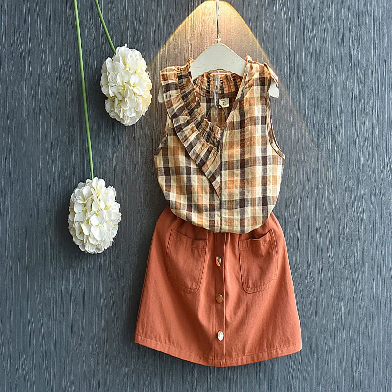 Комплект одежды для девочек лето 2021 клетчатая рубашка без рукавов + юбка