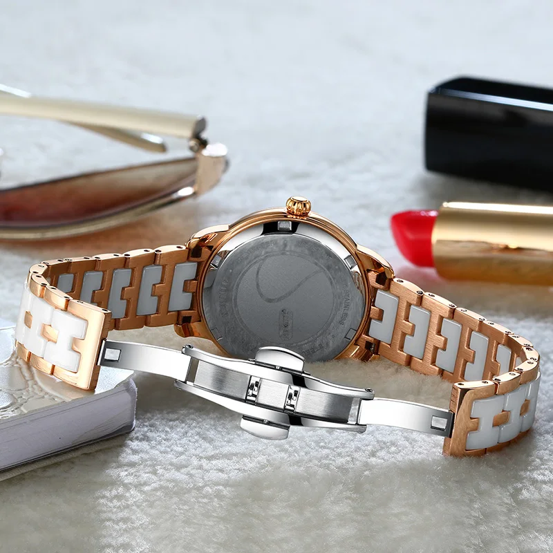 Роскошные женские часы с керамической вставкой кварцевые наручные бриллиантами