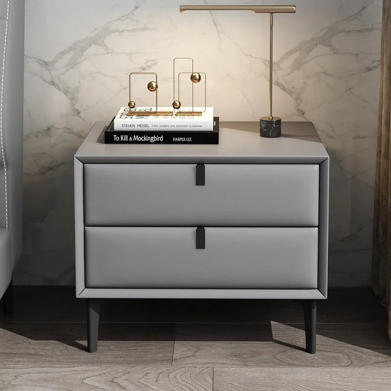 

Nordic Light Luxury Bedside Table Leather Solid Wood Simplicity Modern Gray Bedroom Storage Bedroom Storage Storage Bed Side