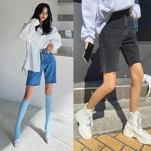 Retro hoher taille dünne kurze jeans mit split raw kanten gerade fünf-punkt hosen 2021 sommer Koreanische mode frauen kleidung
