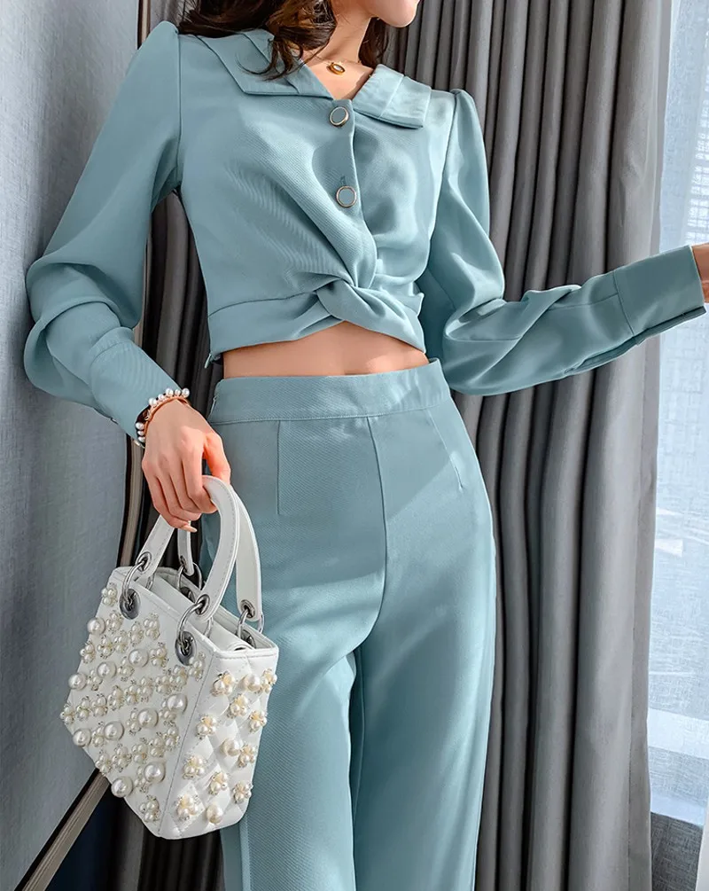 

autumn Women 2 Piece Set Sexy V Neck long Sleeve Blouse Top+High waist split flared pants two-piece sets
