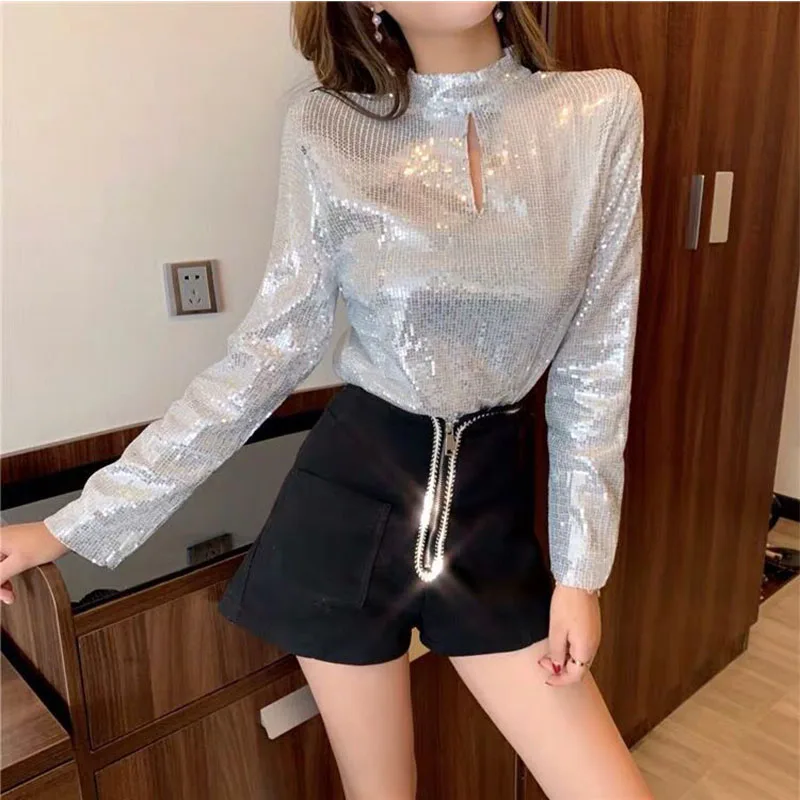 Шикарные женские блестящие Футболки с длинным рукавом топы Клубные рубашки топ