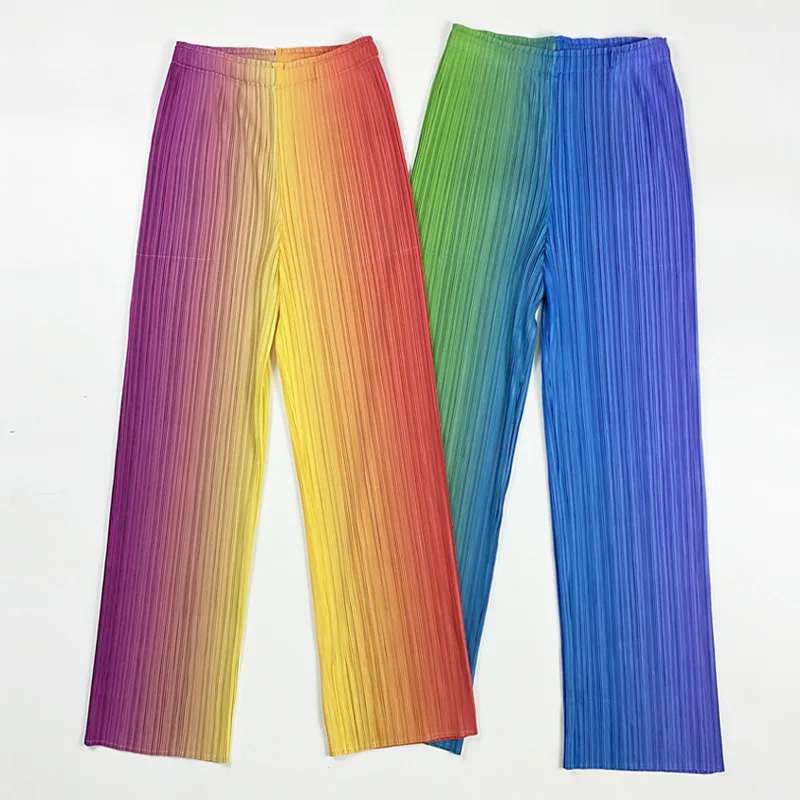 2021 Spring And Summer Literature And Art Pleated Wide Leg Pants Women Loose Size High Waist Fashion Gradient Rainbow Pants