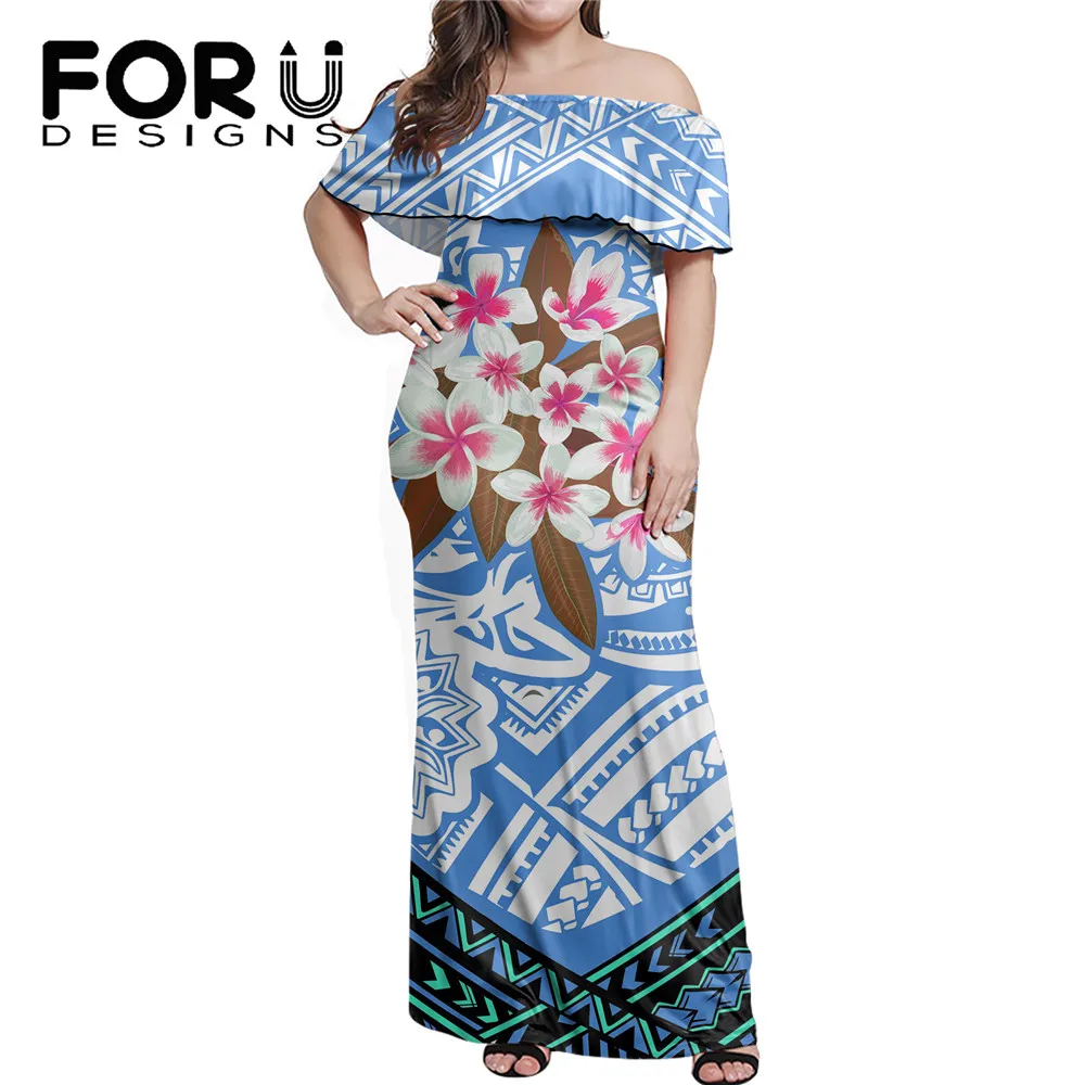 

FORUDESIGNS Polynesian Print Off Shoulder Maxi Dresses for Women Hawaii Plumeria Pattern Lady Elegant Party Dress for Girls